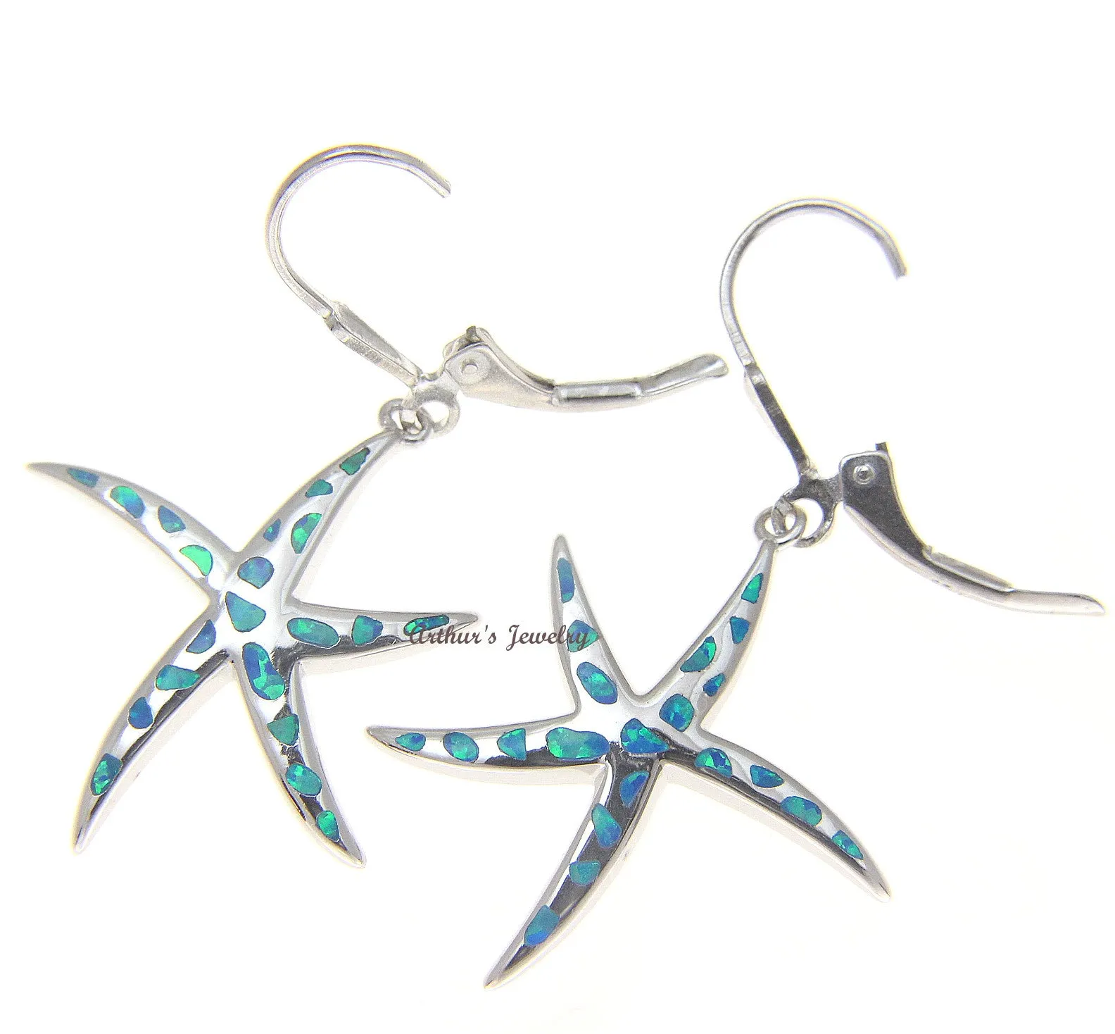925 Silver Rhodium Hawaiian Starfish Sea Star Blue Opal Leverback Earrings