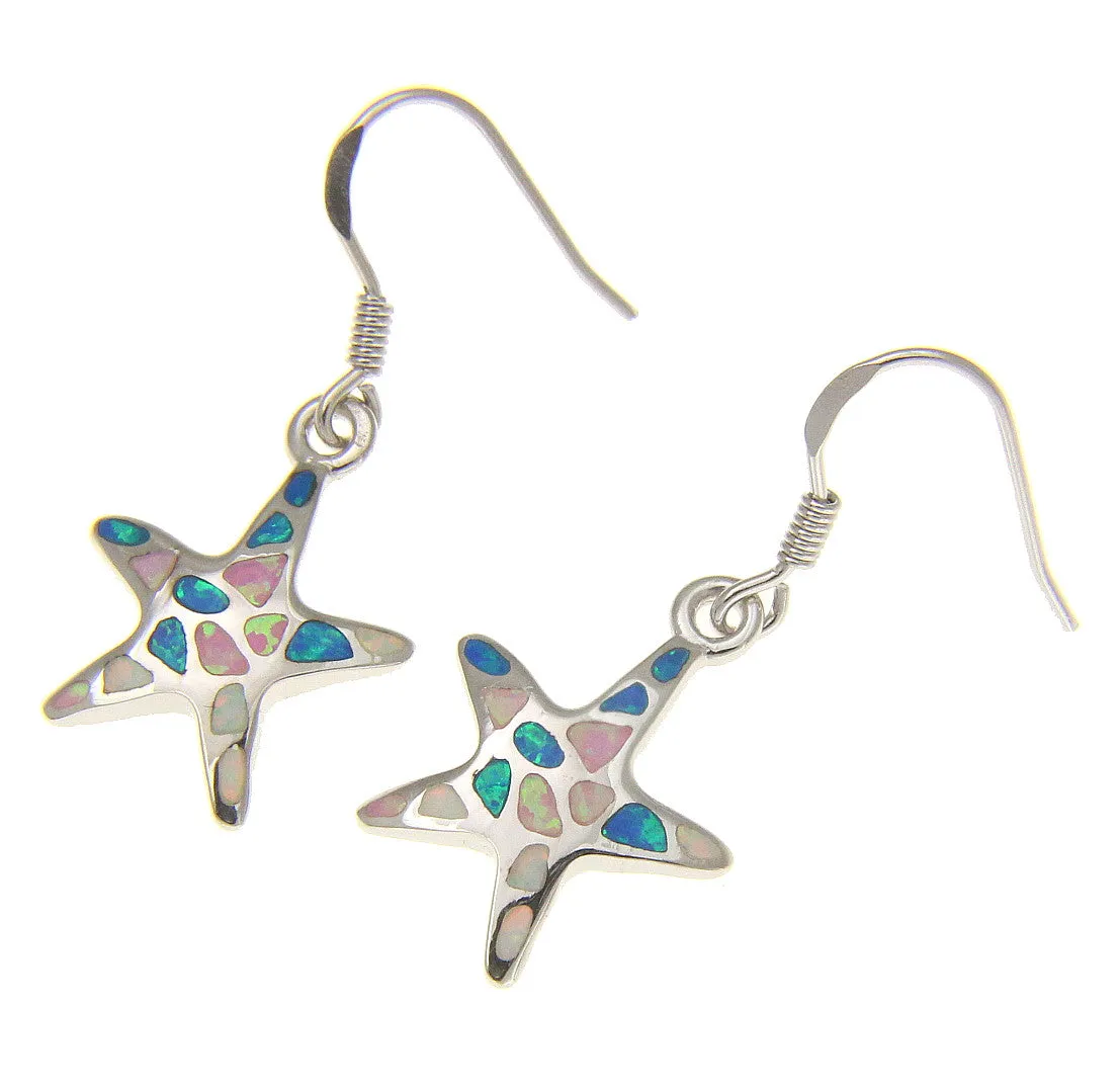 925 Silver Rhodium Hawaiian Starfish Sea Star Multi Opal Hook Wire Earrings