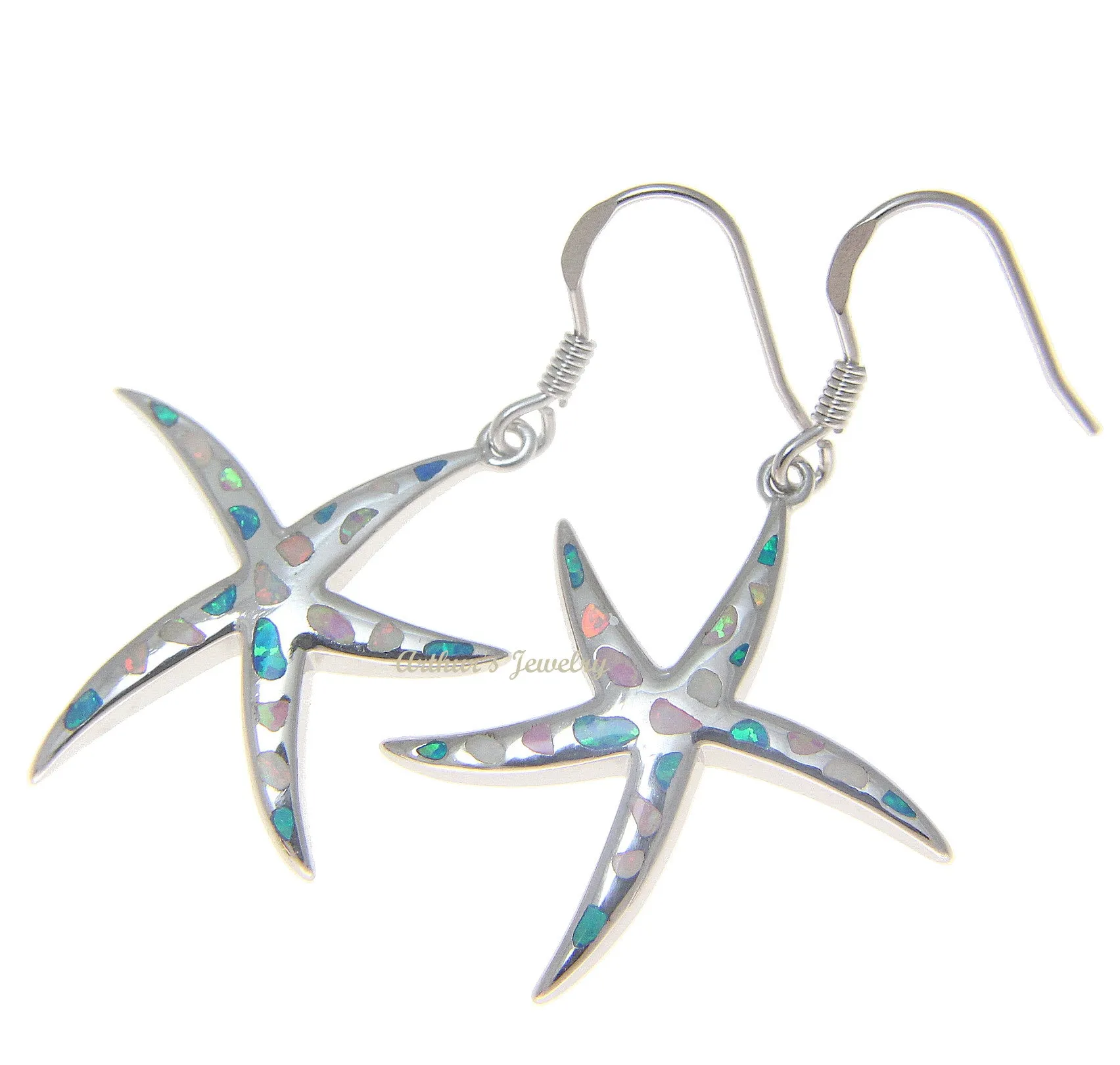 925 Silver Rhodium Hawaiian Starfish Sea Star Multi Opal Hook Wire Earrings