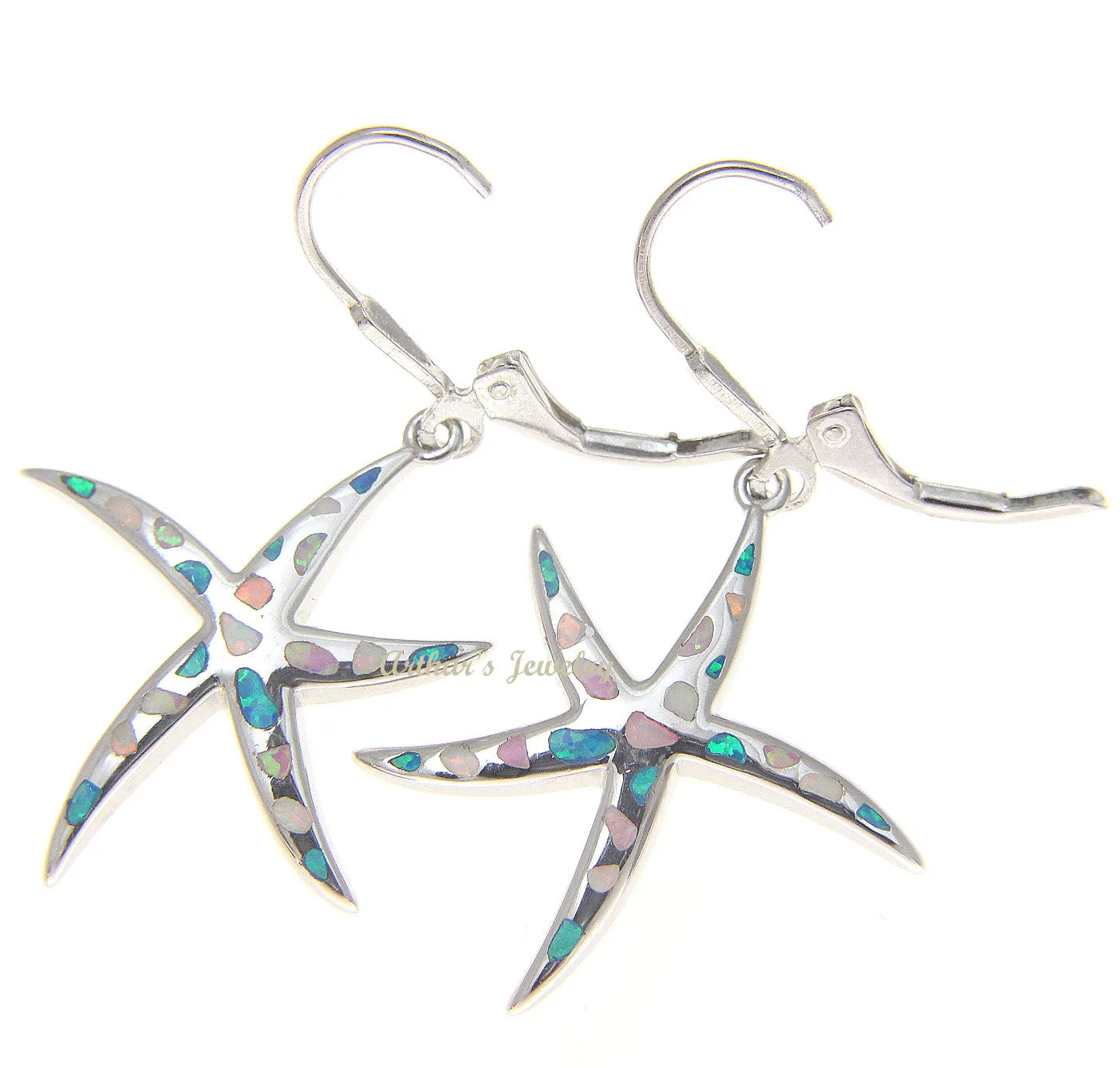925 Silver Rhodium Hawaiian Starfish Sea Star Multi Opal Leverback Earrings