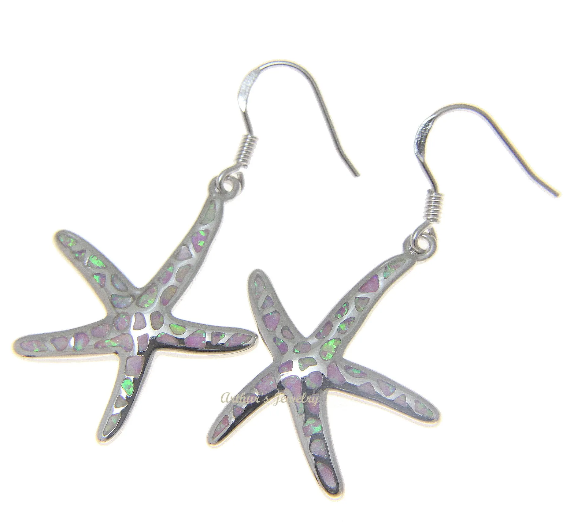 925 Silver Rhodium Hawaiian Starfish Sea Star Pink Opal Hook Wire Earrings