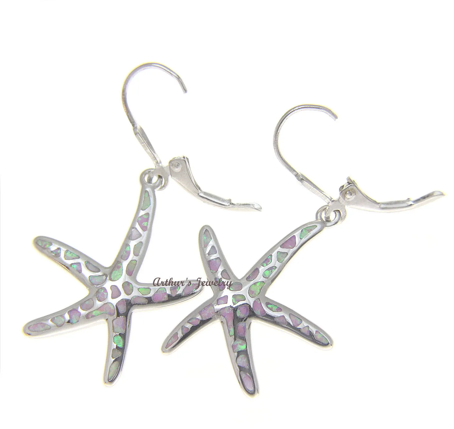 925 Silver Rhodium Hawaiian Starfish Sea Star Pink Opal Leverback Earrings