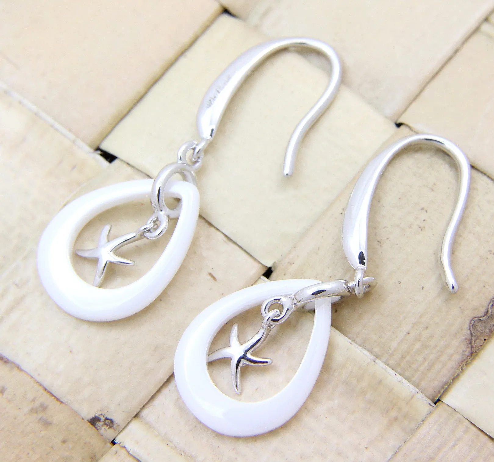 925 Silver Rhodium Hawaiian Starfish Sea Star White Ceramic Tear Drop Earrings