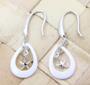 925 Silver Rhodium Hawaiian Starfish Sea Star White Ceramic Tear Drop Earrings