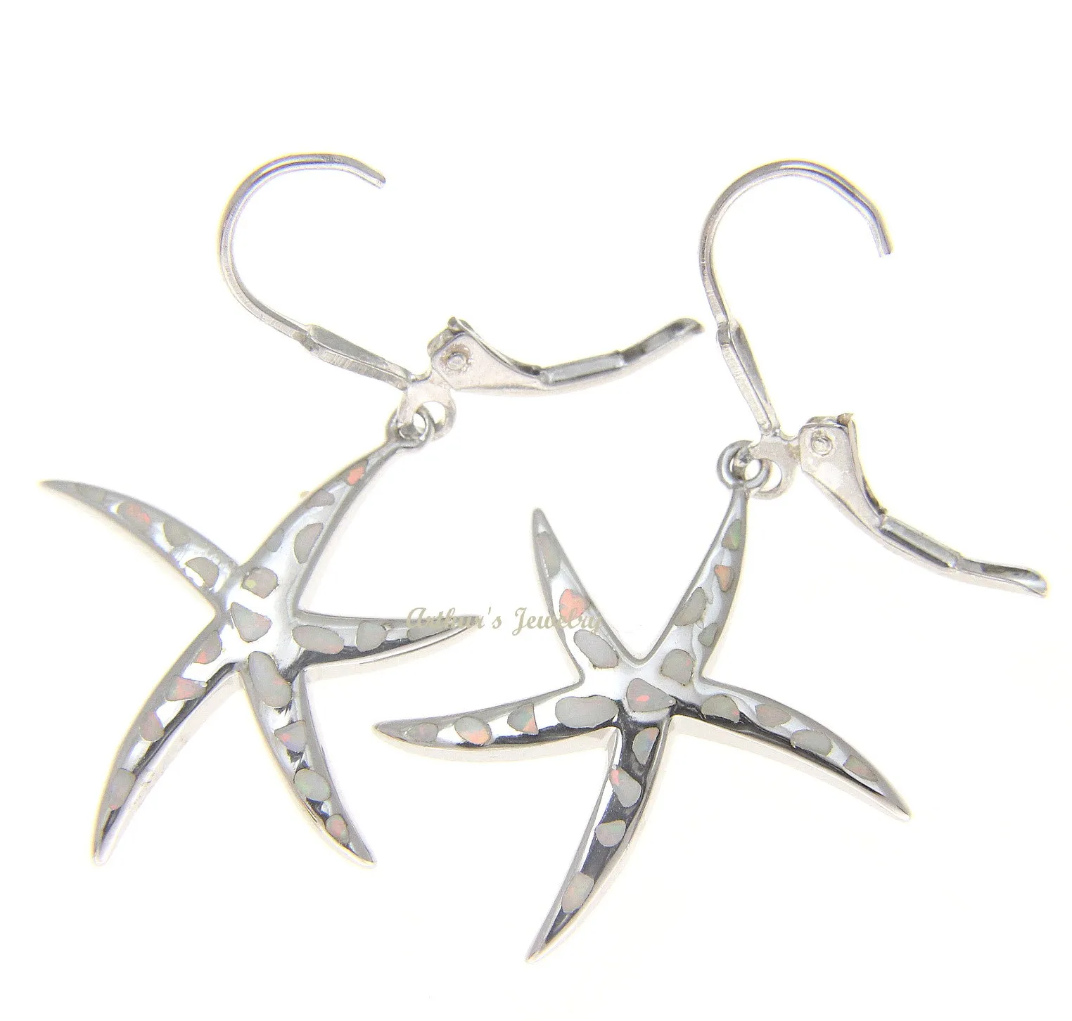 925 Silver Rhodium Hawaiian Starfish Sea Star White Opal Leverback Earrings