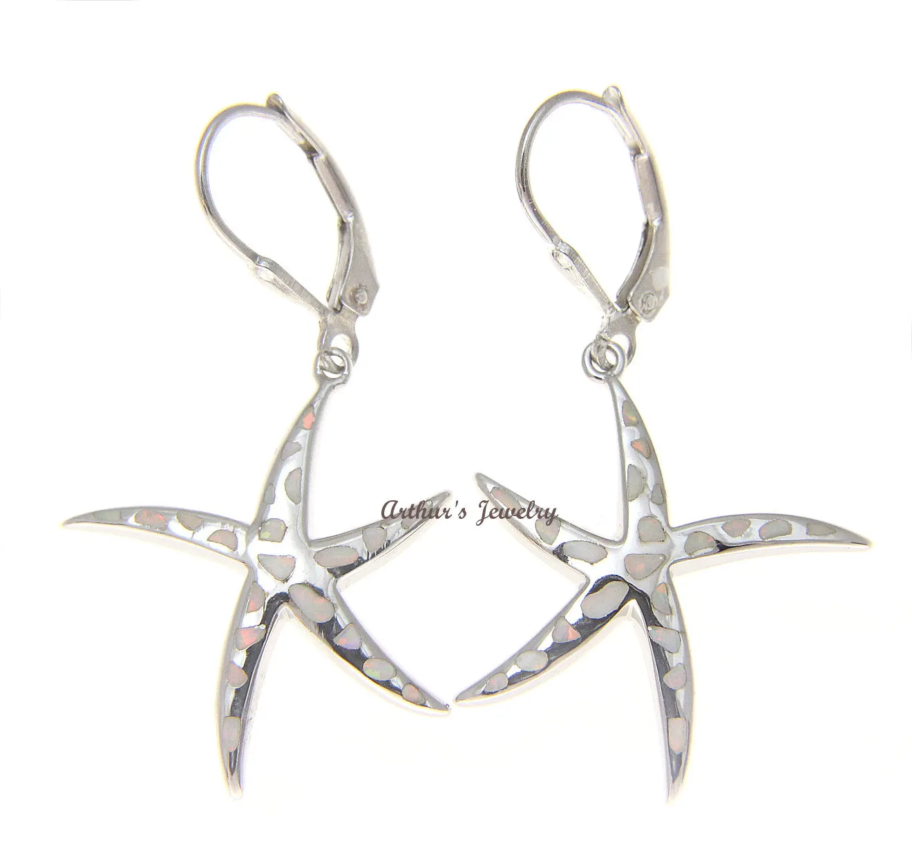 925 Silver Rhodium Hawaiian Starfish Sea Star White Opal Leverback Earrings