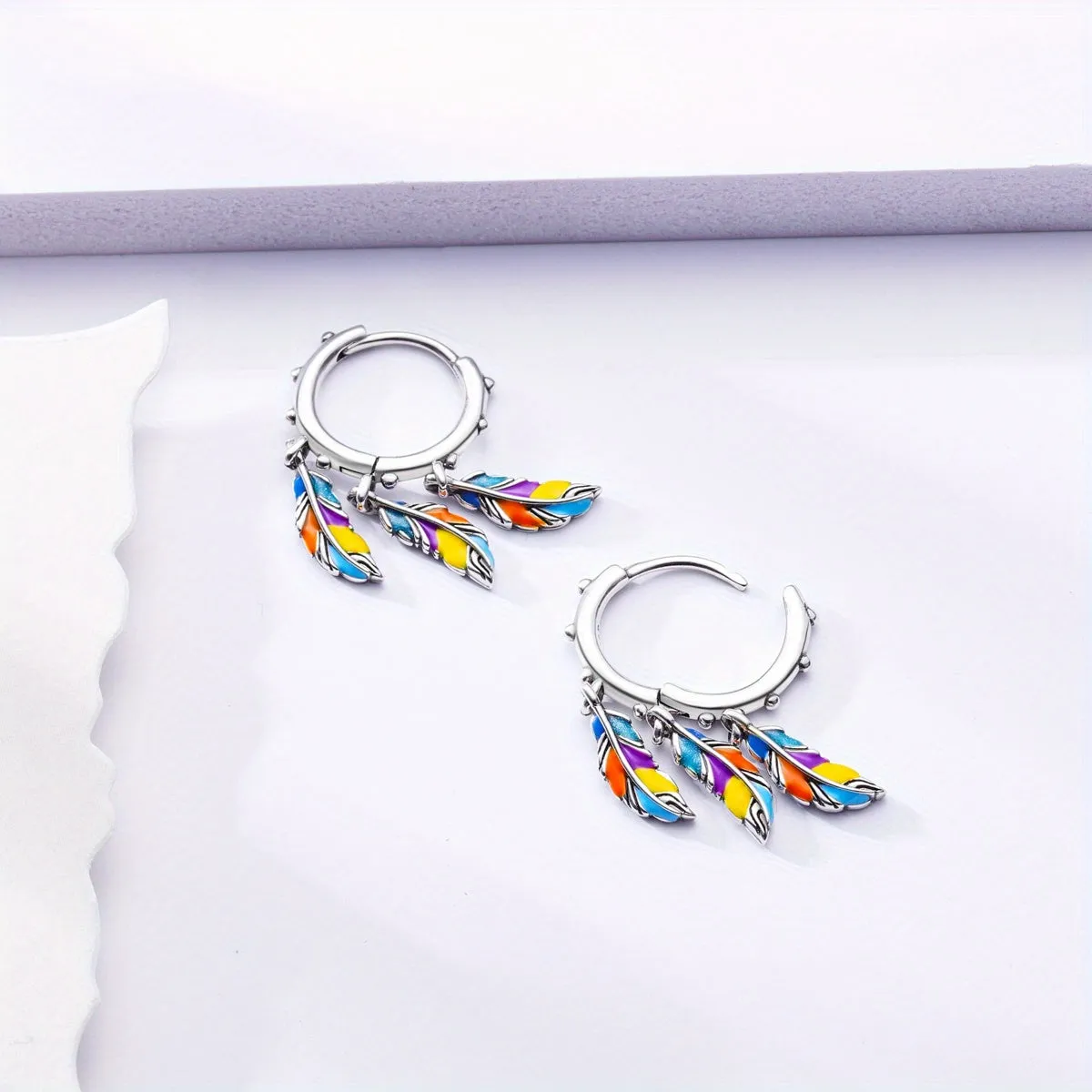 925 Silver Tassel Feather Hoop Earrings Boho Style Fashion Earrings for Women