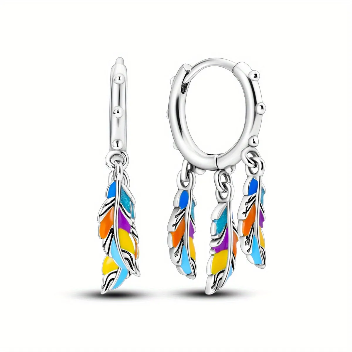 925 Silver Tassel Feather Hoop Earrings Boho Style Fashion Earrings for Women