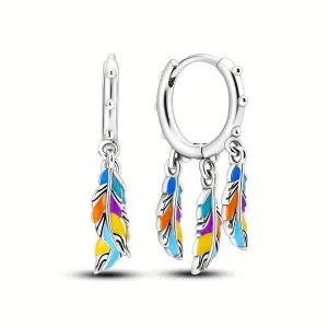 925 Silver Tassel Feather Hoop Earrings Boho Style Fashion Earrings for Women