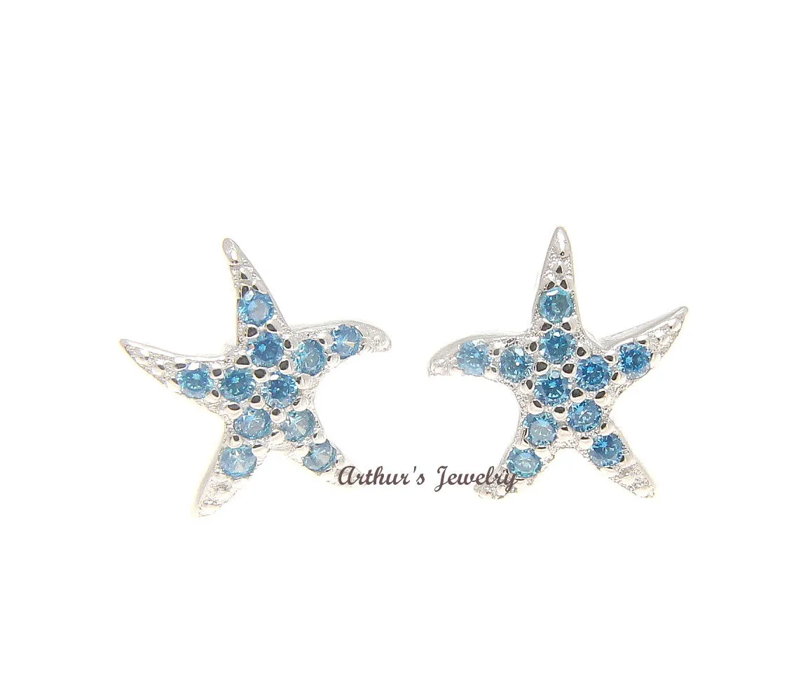 925 Sterling Silver Blue Topaz Hawaiian Starfish Star Post Stud Earrings