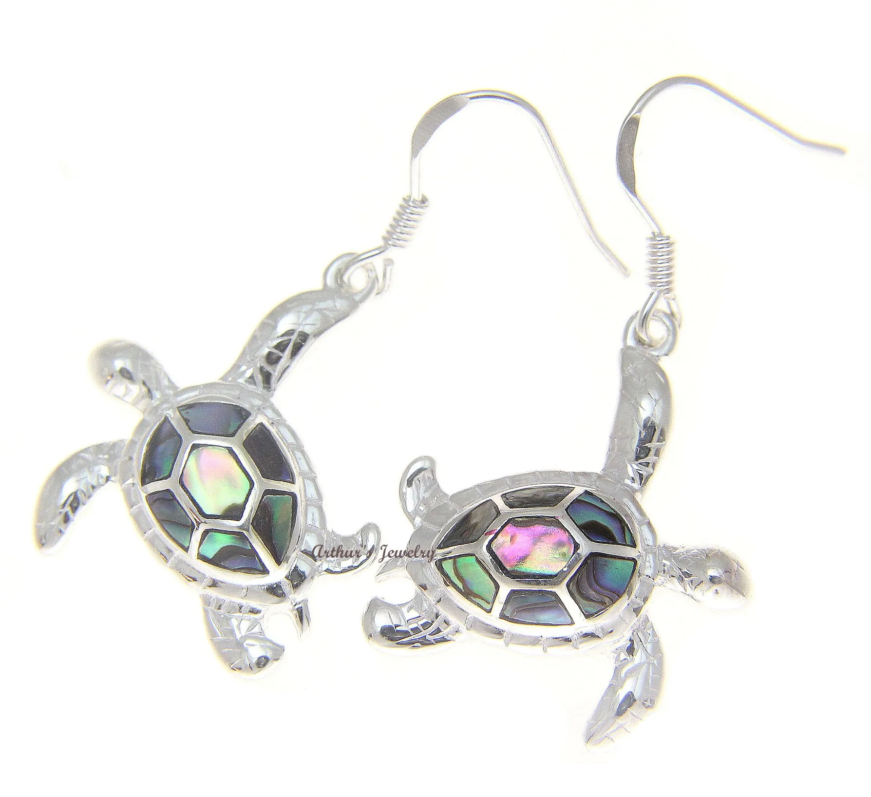 925 Sterling Silver Hawaiian Honu Sea Turtle Abalone Shell Paua Hook Earrings