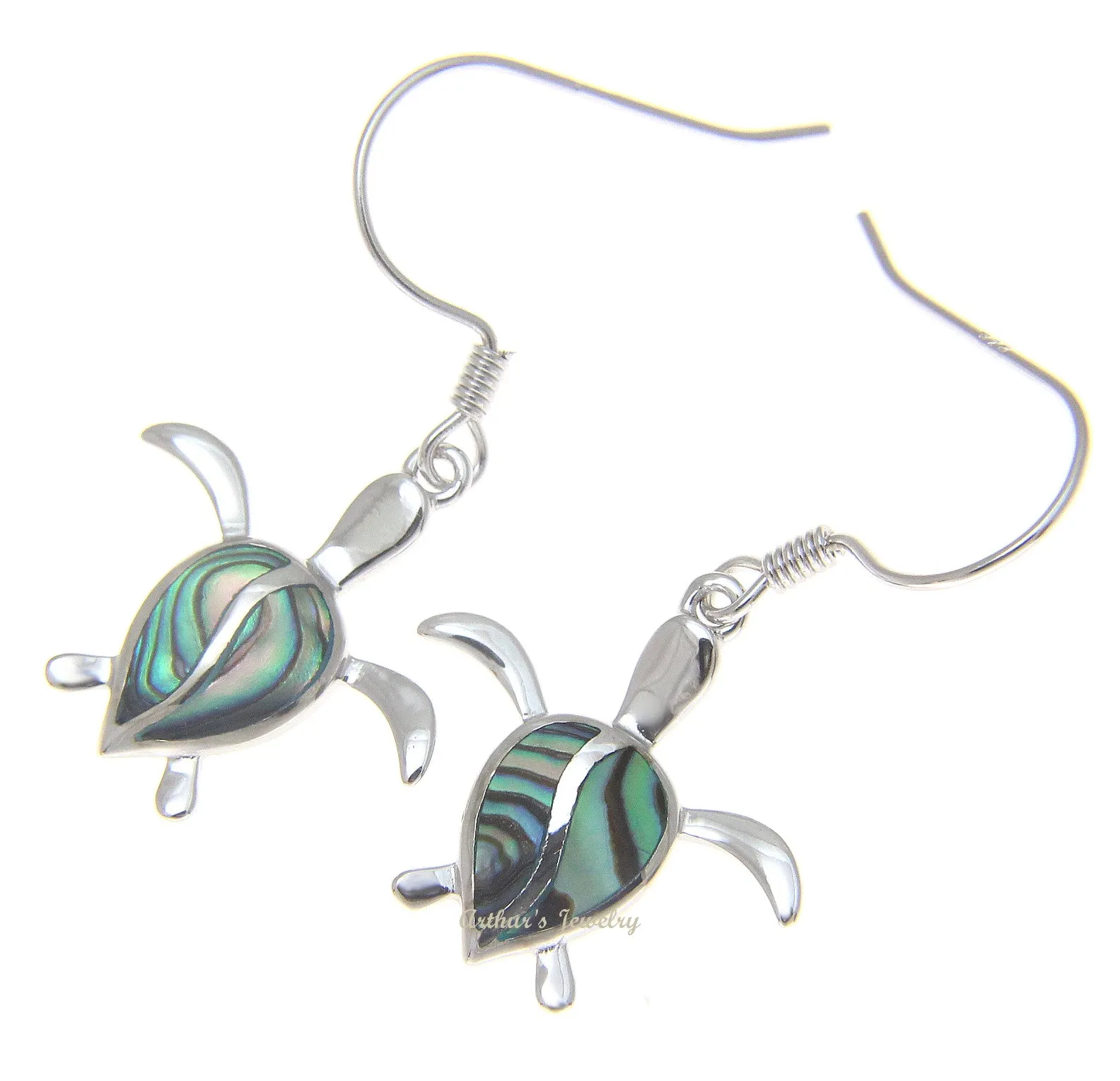 925 Sterling Silver Hawaiian Honu Sea Turtle Abalone Shell Paua Hook Earrings