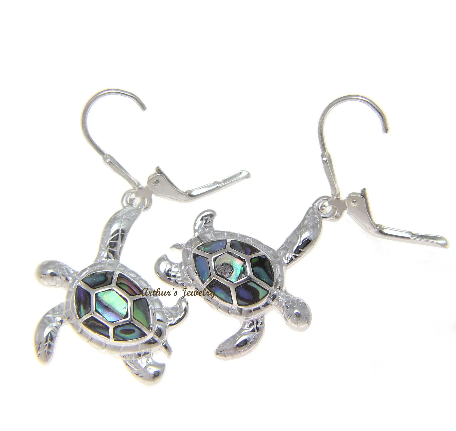 925 Sterling Silver Hawaiian Honu Turtle Abalone Shell Paua Leverback Earrings