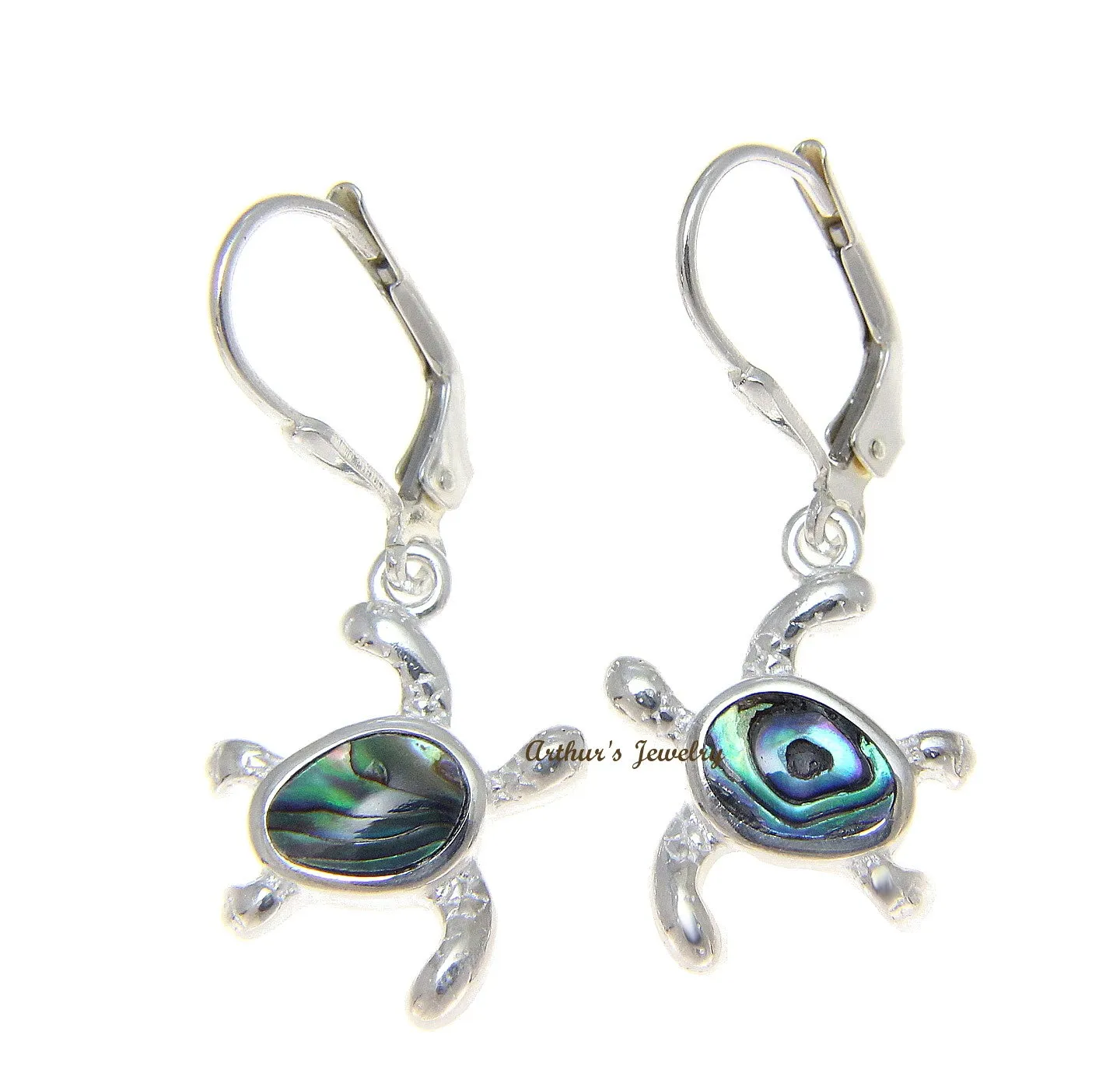 925 Sterling Silver Hawaiian Honu Turtle Abalone Shell Paua Leverback Earrings