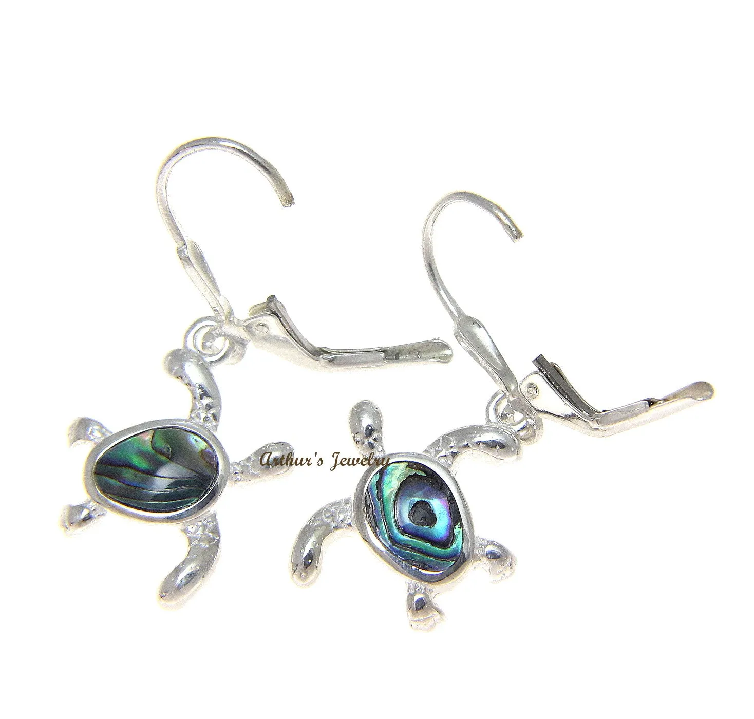 925 Sterling Silver Hawaiian Honu Turtle Abalone Shell Paua Leverback Earrings