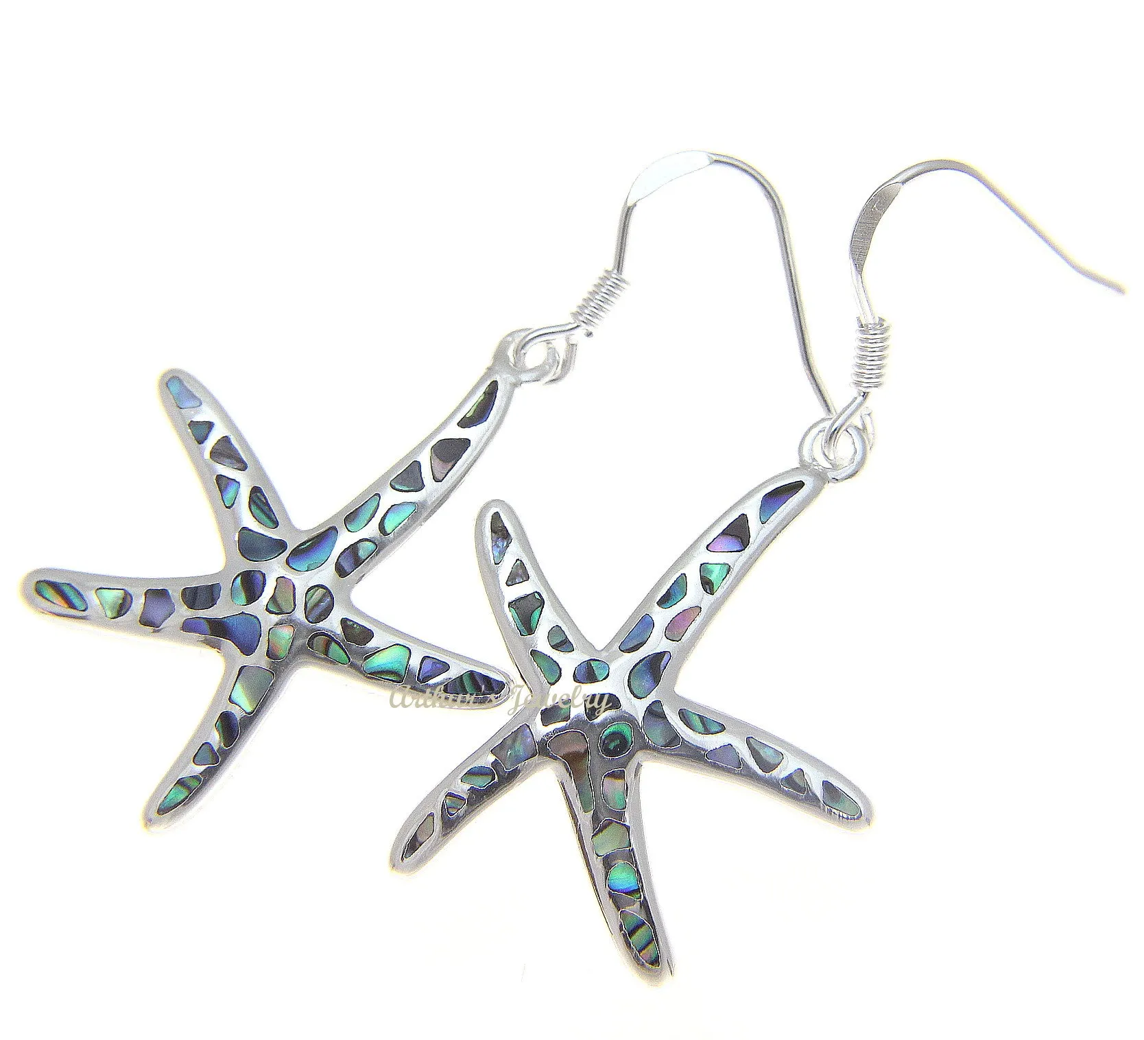 925 Sterling Silver Hawaiian Starfish Sea Star Abalone Shell Paua Hook Earrings