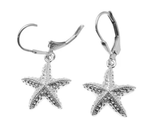 925 STERLING SILVER RHODIUM HAWAIIAN SEA STARFISH HOOK LEVERBACK EARRINGS 15MM
