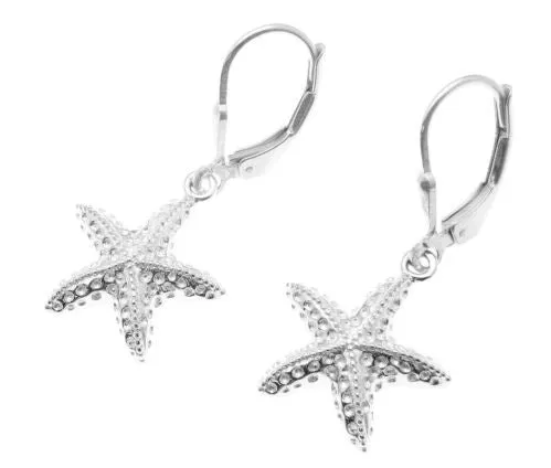 925 STERLING SILVER RHODIUM HAWAIIAN SEA STARFISH HOOK LEVERBACK EARRINGS 15MM