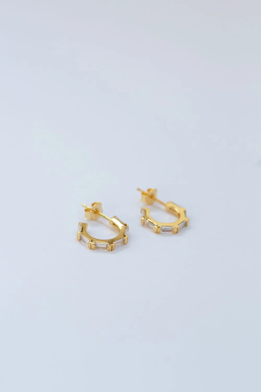 925 Sterling Silver Small Gold CZ Baguette Pavé Hoops