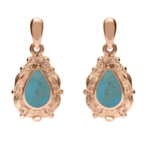 9ct Rose Gold Turquoise Pear Shaped Leaf Drop Earrings