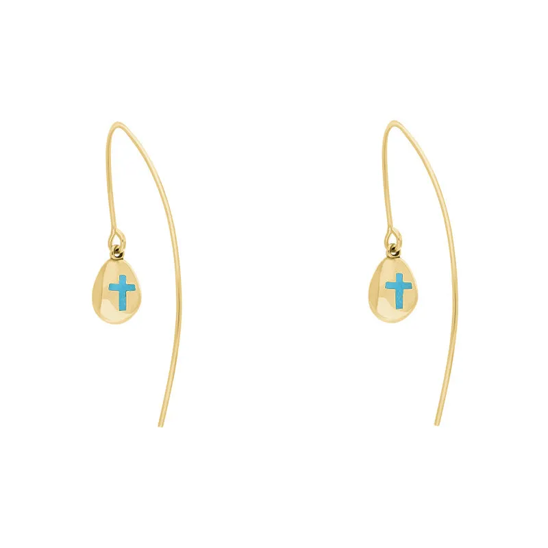 9ct Yellow Gold Turquoise Cross Disc Drop Earrings