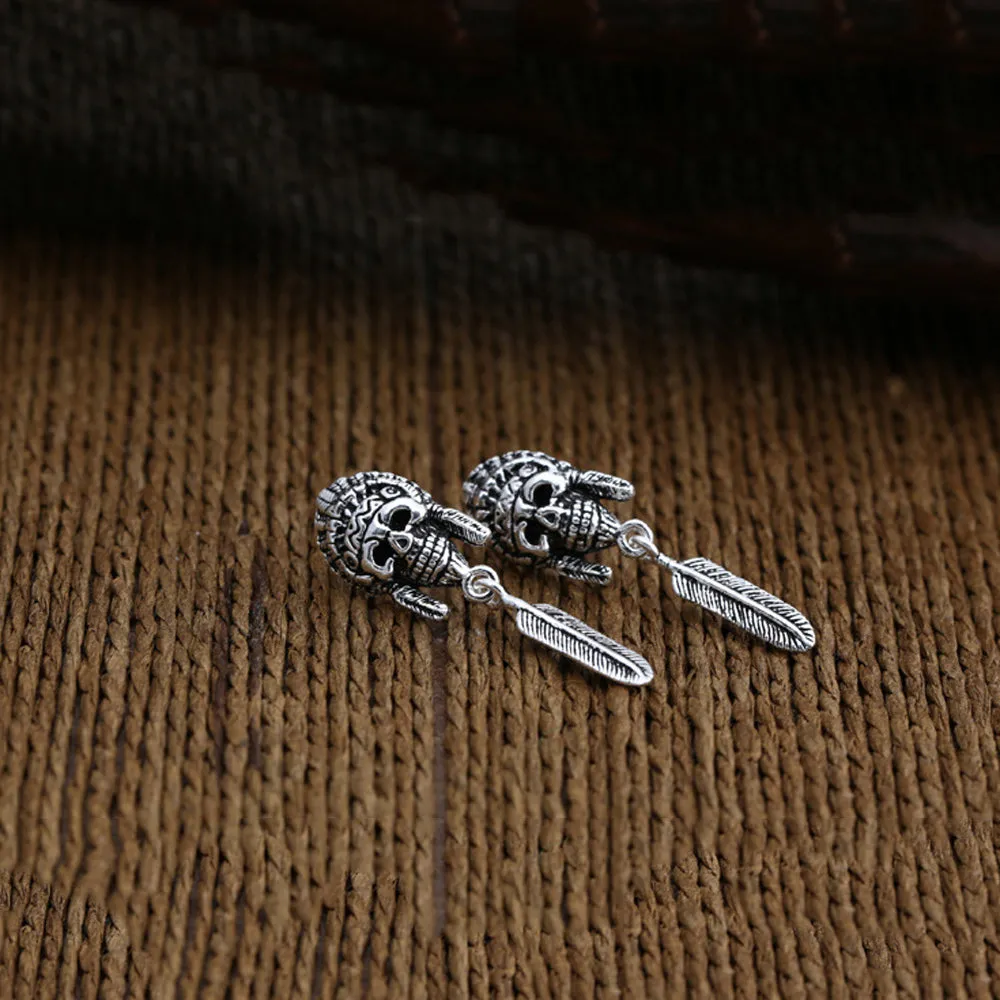 A Pair Real Solid 925 Sterling Silver Earrings Skull Crown Feather HipHop Jewelry