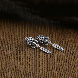 A Pair Real Solid 925 Sterling Silver Earrings Skull Crown Feather HipHop Jewelry