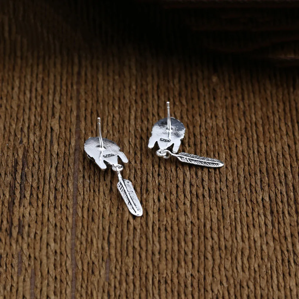A Pair Real Solid 925 Sterling Silver Earrings Skull Crown Feather HipHop Jewelry