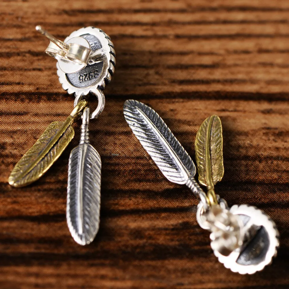 A Pair Real Solid 925 Sterling Silver Earrings Turquoise Feather Oval Jewelry