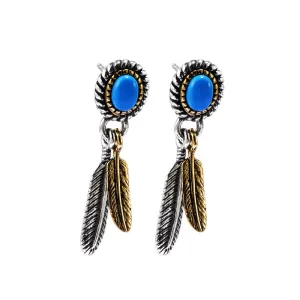 A Pair Real Solid 925 Sterling Silver Earrings Turquoise Feather Oval Jewelry