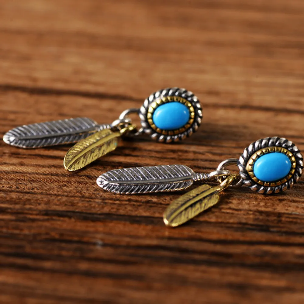 A Pair Real Solid 925 Sterling Silver Earrings Turquoise Feather Oval Jewelry