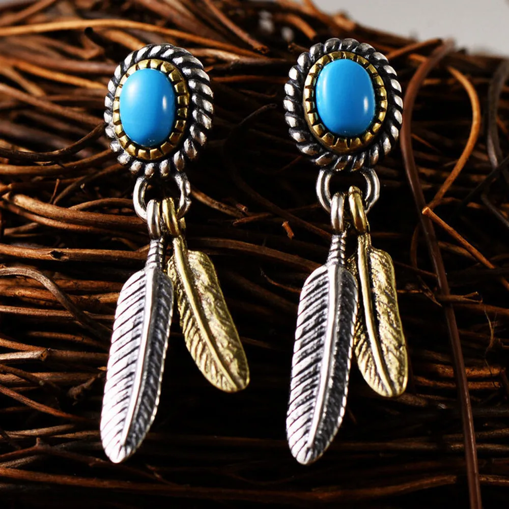 A Pair Real Solid 925 Sterling Silver Earrings Turquoise Feather Oval Jewelry