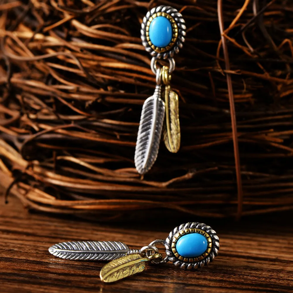 A Pair Real Solid 925 Sterling Silver Earrings Turquoise Feather Oval Jewelry