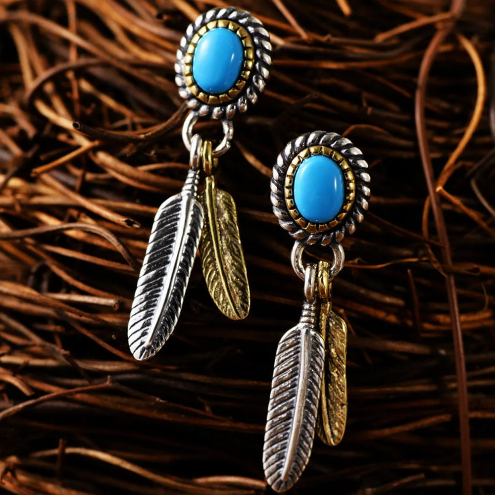 A Pair Real Solid 925 Sterling Silver Earrings Turquoise Feather Oval Jewelry