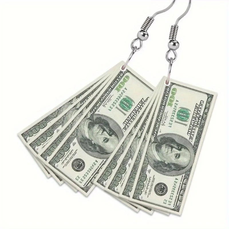 Acrylic US Dollar Bill Drop Earrings - Funny Money Dangle Earrings for Parties, Independence Day Accessory, Unique Jewelry, Gift Options Available