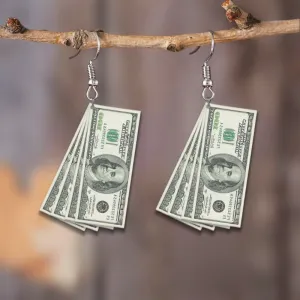 Acrylic US Dollar Bill Drop Earrings - Funny Money Dangle Earrings for Parties, Independence Day Accessory, Unique Jewelry, Gift Options Available