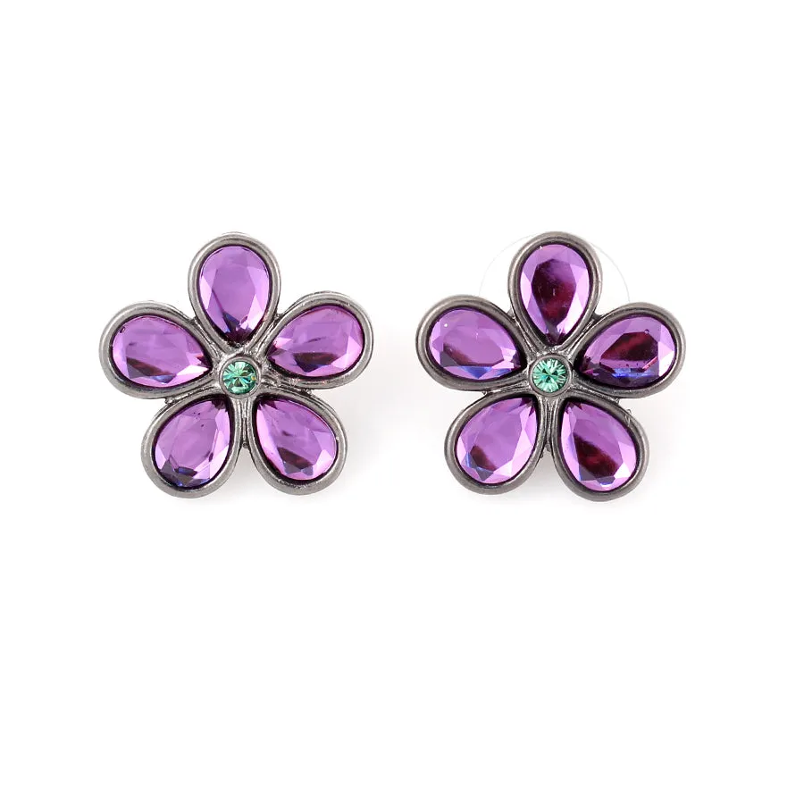 AMETHST AND GREEN CRYSTAL FLOWER STUD EARRINGS #243MT3201 (1B17/1A11)