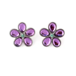 AMETHST AND GREEN CRYSTAL FLOWER STUD EARRINGS #243MT3201 (1B17/1A11)