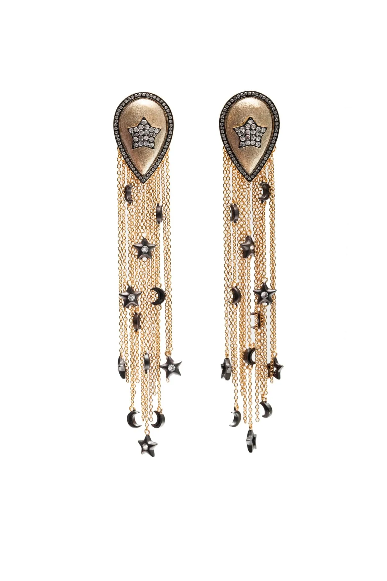 Ammanii Sa Mma Long Tassels Charms Earrings And Pave Star Vermeil Gold