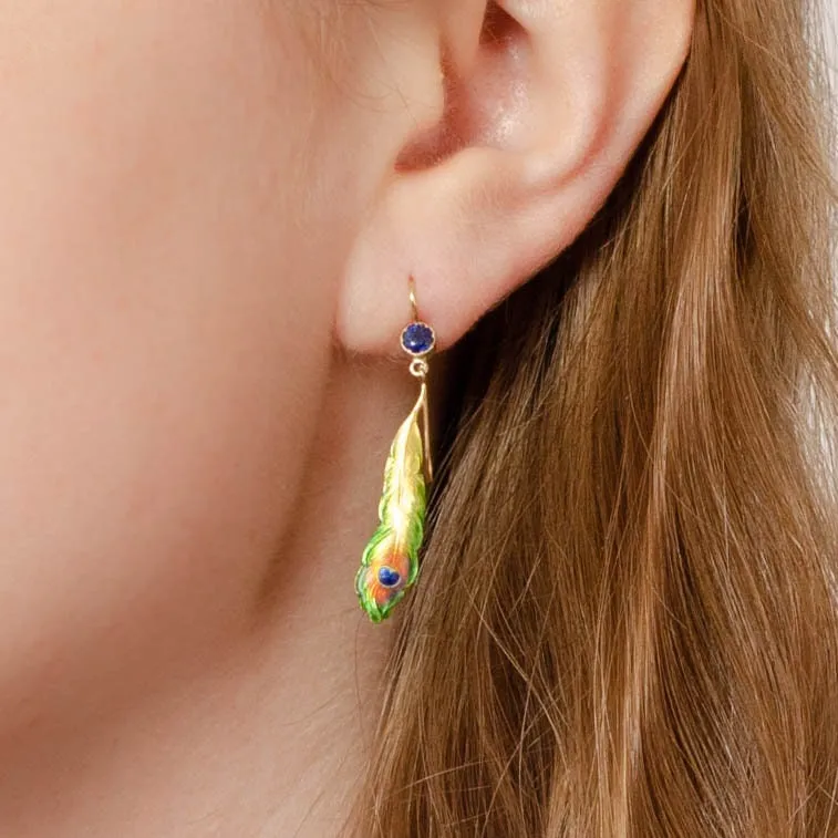 Antique Enamel Peacock Feather and Sapphire Conversion Earrings of 14k Gold