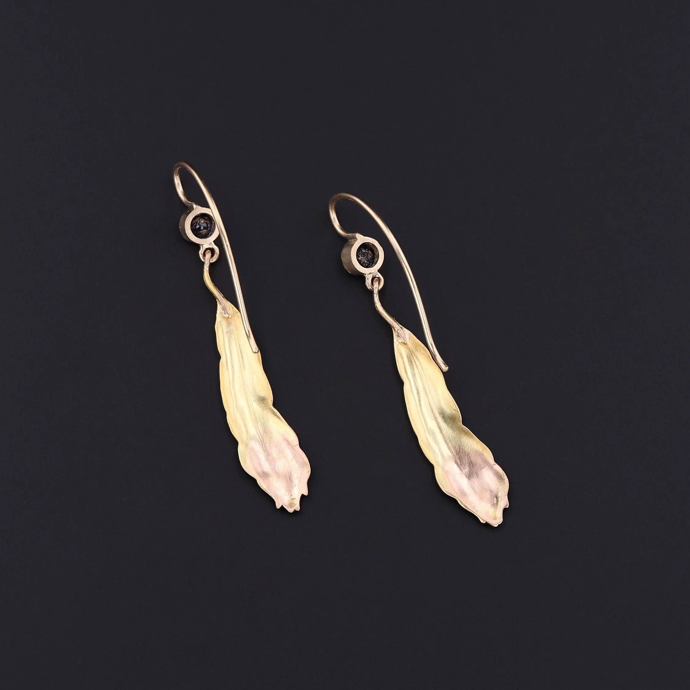 Antique Enamel Peacock Feather and Sapphire Conversion Earrings of 14k Gold