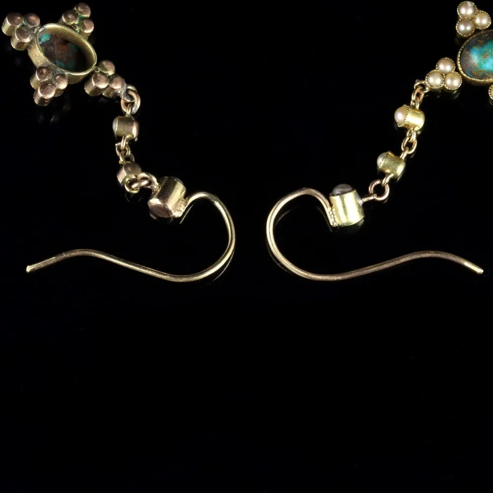 Antique Victorian Turquoise And Pearl 18Ct Earrings Circa 1880