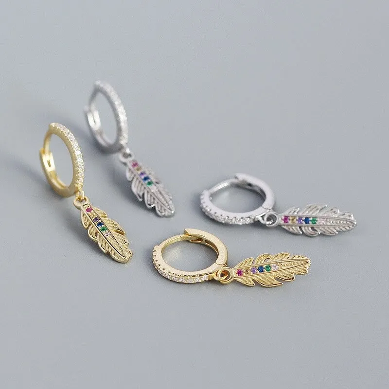 ANYCO Drop Fashion Earrings Luxury Zircon Feather Pendant Women Jewelry Gift Sterling Silver