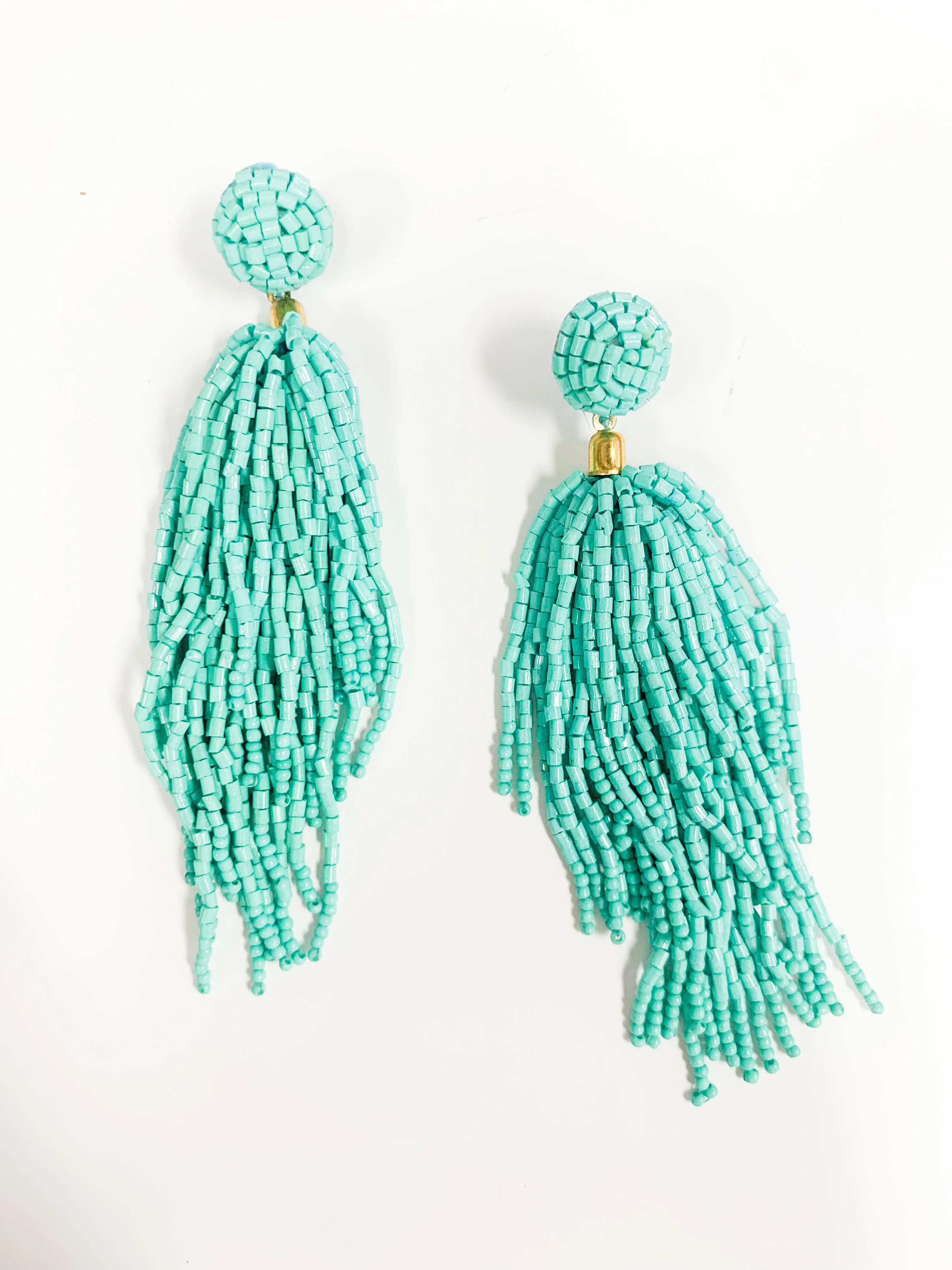 Aqua Beaded Tassel Earrings