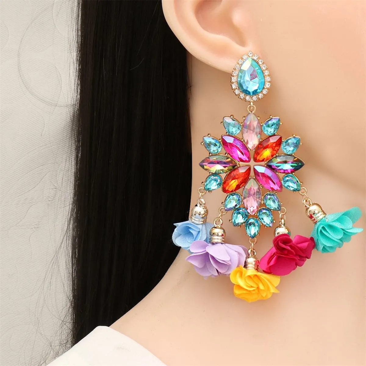 Aqua Crystal & Cubic Zirconia Floral Tassel Marquise Drop Earrings