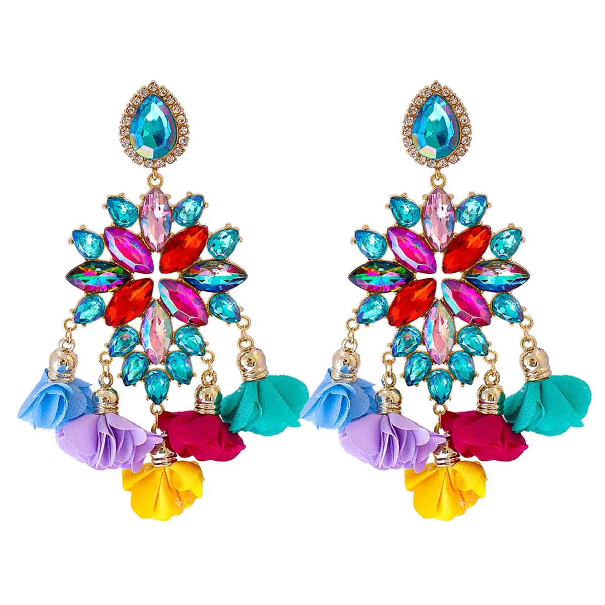 Aqua Crystal & Cubic Zirconia Floral Tassel Marquise Drop Earrings