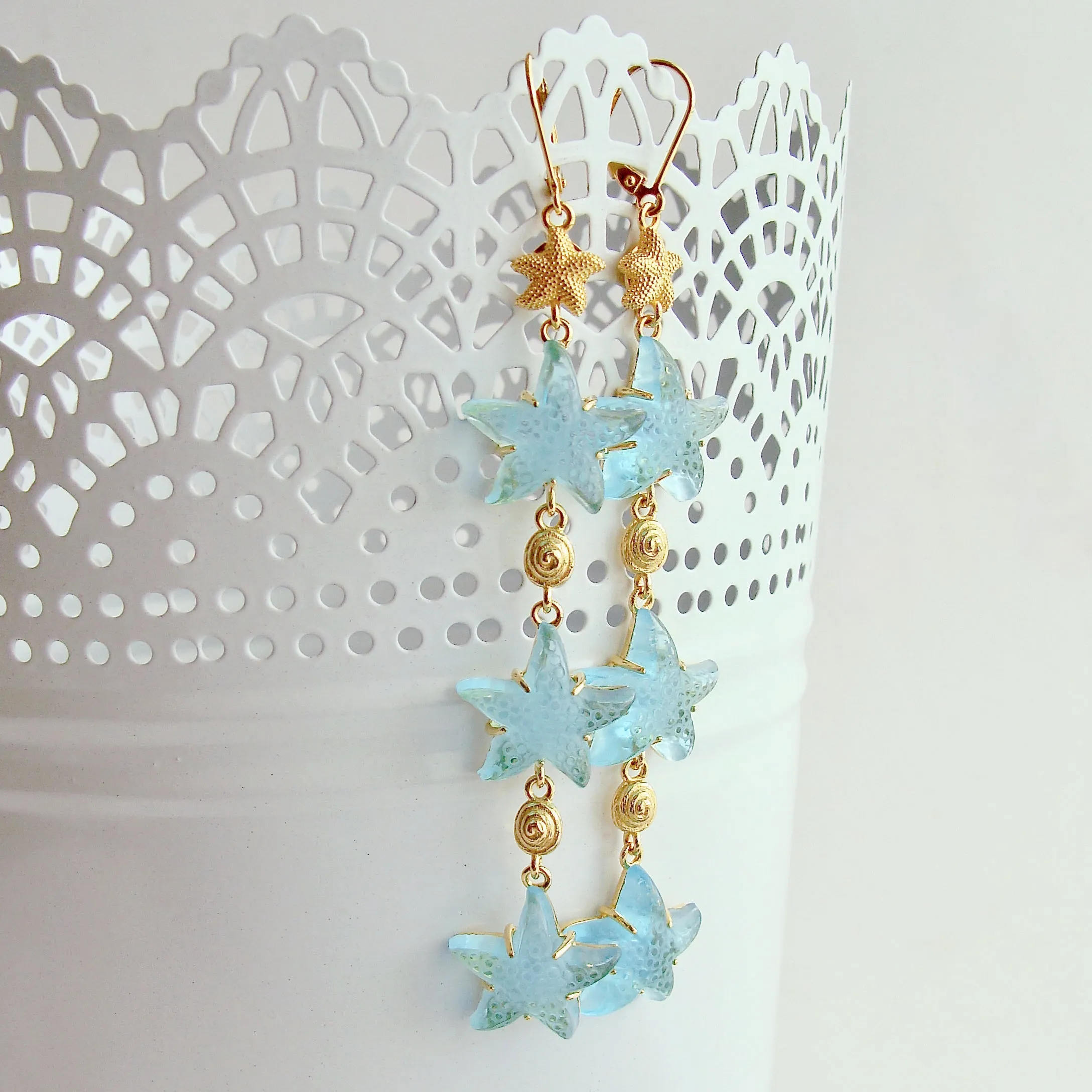 Aqua Venetian Glass Shellfish Long Earrings- Meribella Duster Earrings