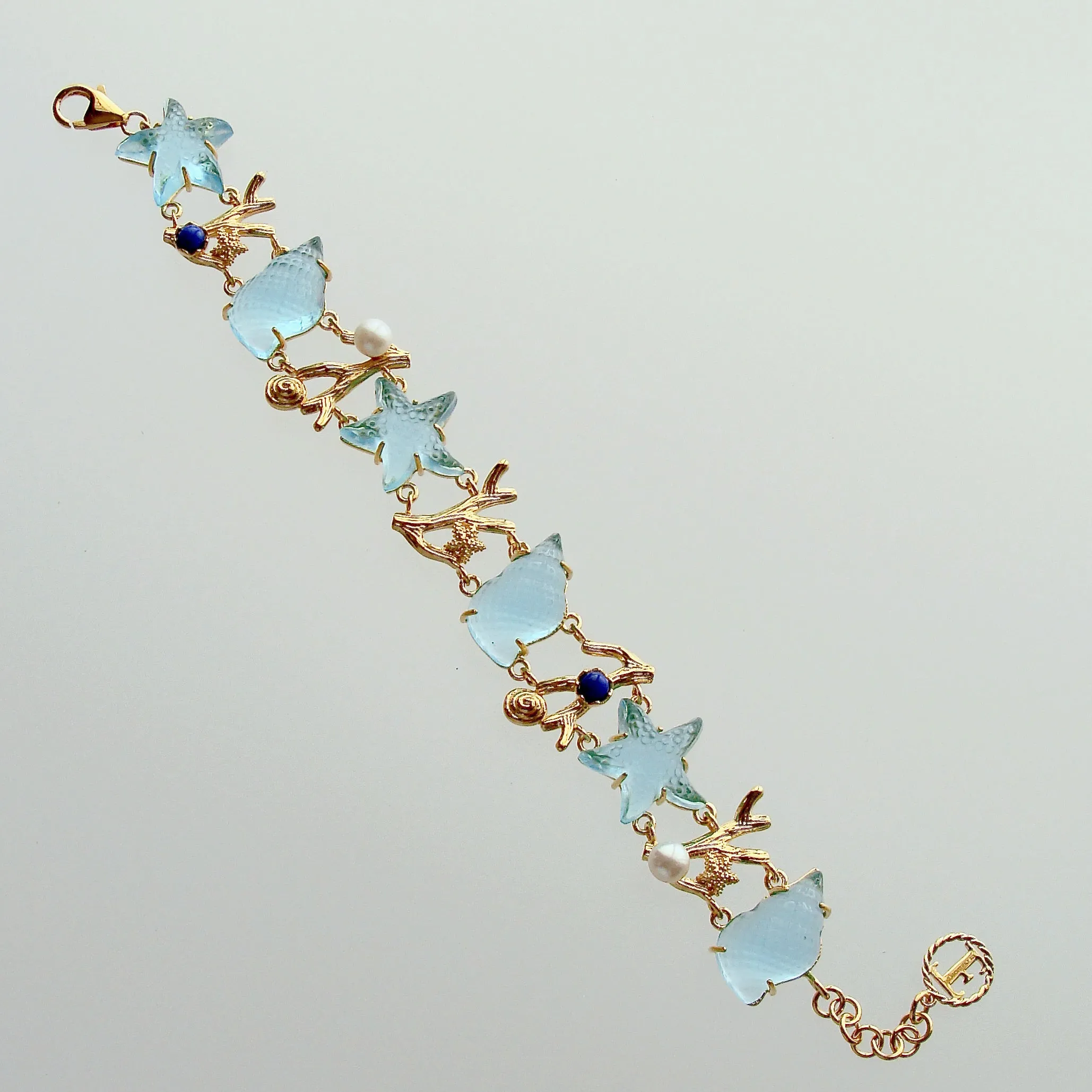 Aqua Venetian Glass Shells Starfish Lapis & Pearls Bracelet - Meribella Bracelet