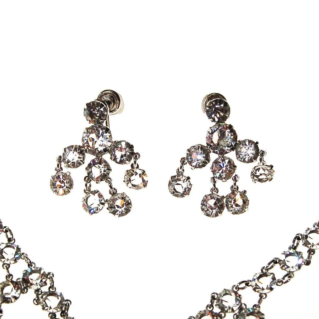 Art Deco Bezel Set Crystal Necklace and Earring Set, White Gold Filled, Demi Parure, Screw Back Earrings, Waterfall Bib Style