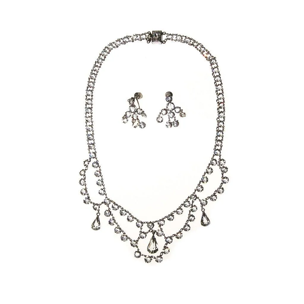 Art Deco Bezel Set Crystal Necklace and Earring Set, White Gold Filled, Demi Parure, Screw Back Earrings, Waterfall Bib Style